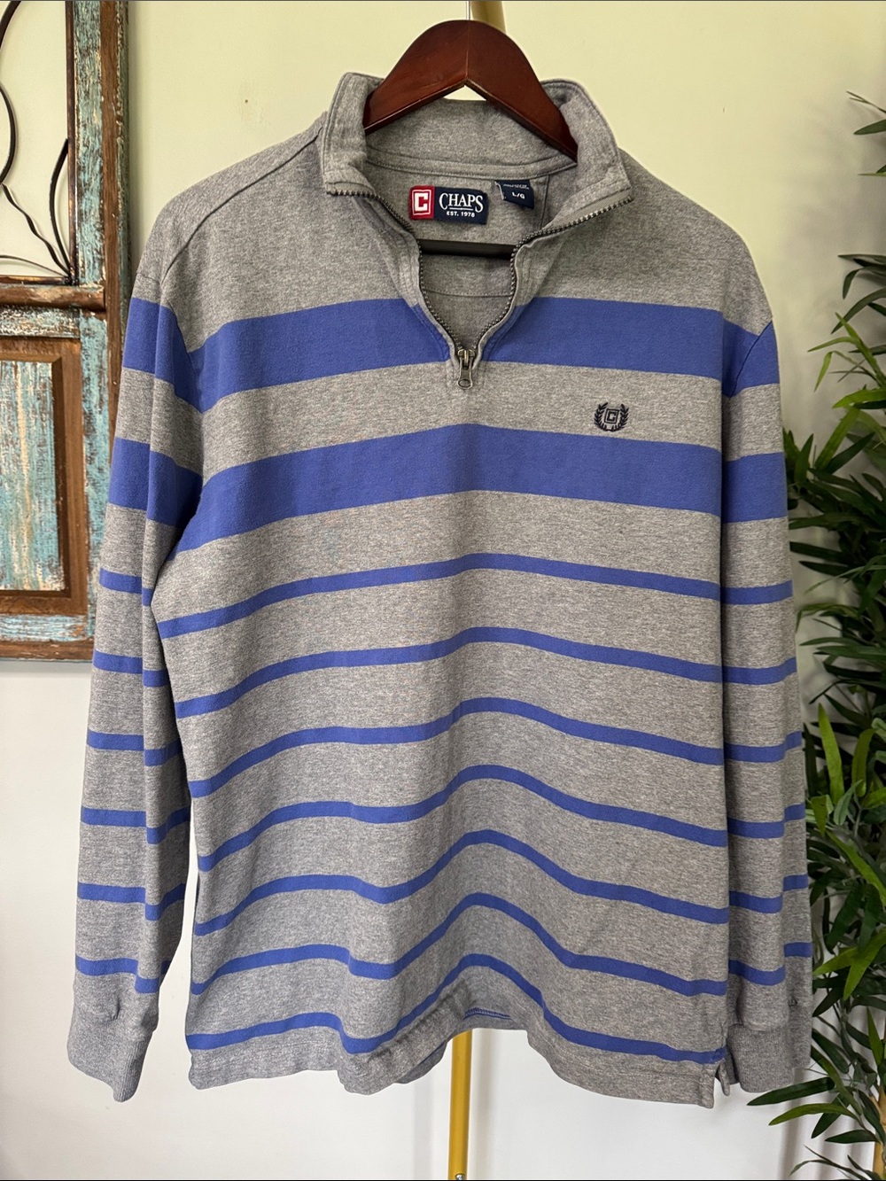 Chaps Men's Gray and Blue Striped Half-Zip Pullover long sleeve shirt